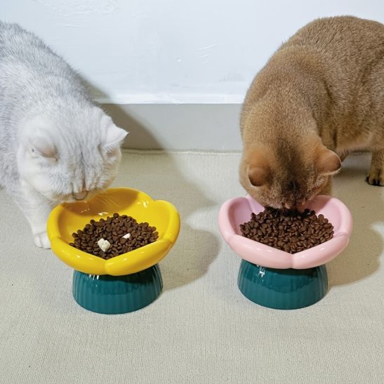 Whisker-Friendly Elevated Cat Bowl - Premium Ceramic, Wide Curved Rim to Prevent Black Chin, Easy-Clean Pet Dish for Dryu002FWet Food or Water