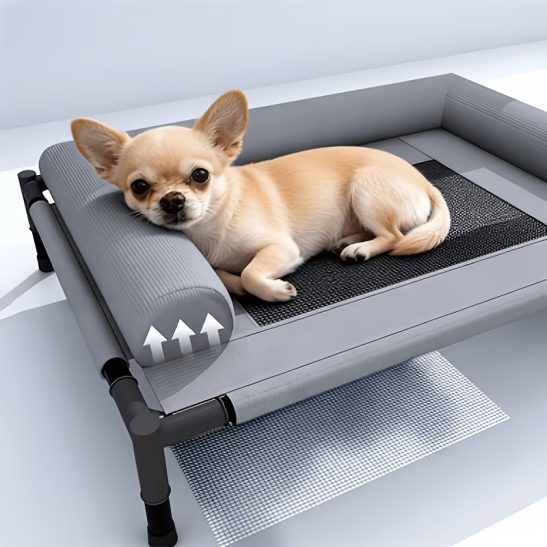 Elevated Pet Bed for Large Dogs | High Elasticity Support Protects The Spine, 3D Ventilation Mesh for Quick Heat Dissipation, Bite And Scratch Resistant, Durable Polyester, Odor Control, Grid Pattern, Rectangular Design, Easy to Assemble, Gray Color