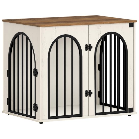 26.8'' Wooden Dog Crate Furniture, Indoor Dog Kennel Dogs Cage for Small Dogs, Heavy Duty Dog Crates Decorative Pet House End Side Table TV Stand, White Brownu002FBlacku002FBrownu002FGreige