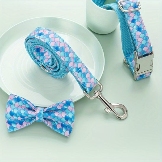PersonalizedCute Handsome Mermaid Printed Pet Collar, Dog Traction Rope Pet Leash Bow, Private Customization Collar, Laser Engraved Dog'S Name, Owner'S Phone Number Customized