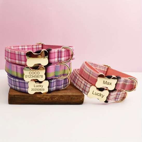Personalized High-Quality Fabric Checkered Collars Suitable for Small, Medium, And Large Dogs, with Customizable Metal Parts for Engraved Pet Additions