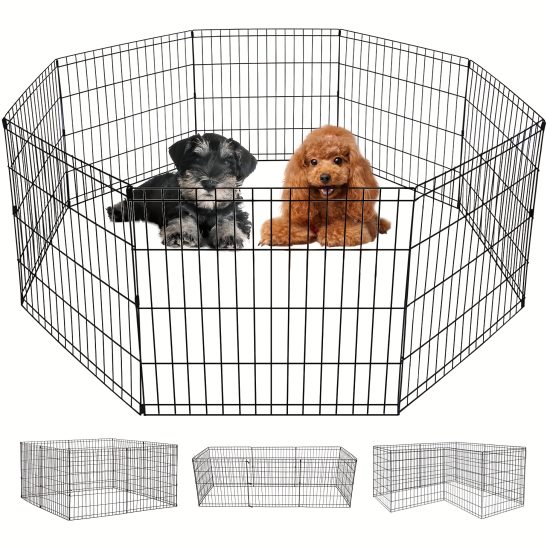24 Inch Heavy-Duty Metal Dog Playpen with 8 Panels - Portable Folding Indooru002FOutdoor Puppy Pen, Adjustable Squareu002FSquareu002FHexagon Configurations, Easy Assembly & Lightweight Design for Small Dogs, Puppies, Cats, Rabbits - Sturdy Black Pet Fence for H